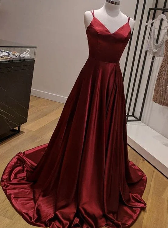 Wine Red Simple Straps Long V-neckline Party Dress, A-line Satin Evening Dress Prom Dress Shift Classic Vintage