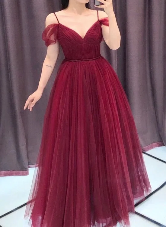 Wine Red Straps Off Shoulder A-line Tulle Evening Dress Party Dress, Dark Red Prom Dress Formal Gown Tunics Practical easy-care