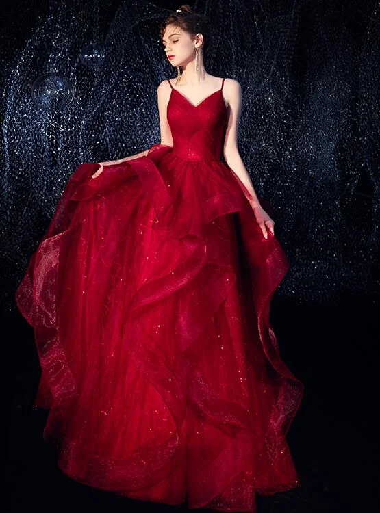 Wine Red Straps Tulle Princess Long Evening Dress Party Dress, Shiny Tulle Evening Gown Boat Neckline Classic