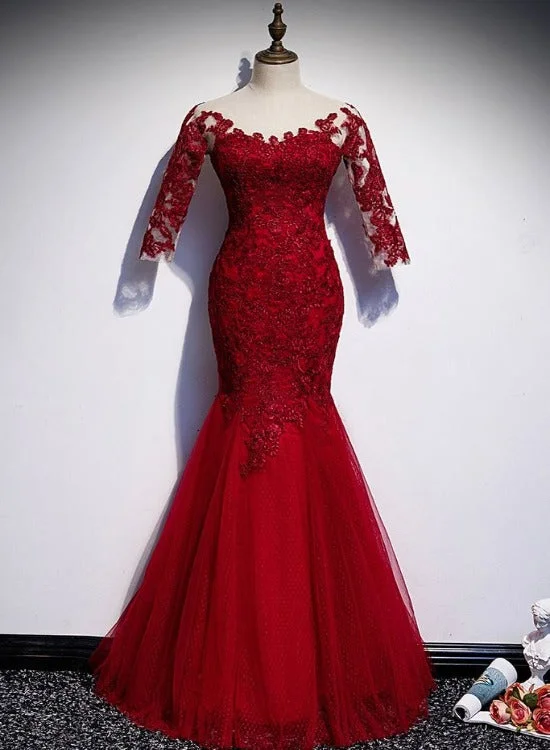 Wine Red Tulle Lace Round Neck Floor length Mermaid Prom Dress, Long Sleeves Evening Dress Tunics Office stylish Wine Red Tulle Lace Round Neck Floor length Mermaid Prom Dress, Long Sleeves Evening Dress Tunics Office stylish
