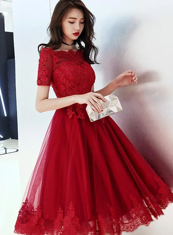 Wine Red Tulle Short Homecoming Dress with Lace Applique, Cute Prom Dress Party Dress Tunics Luxurious high-end