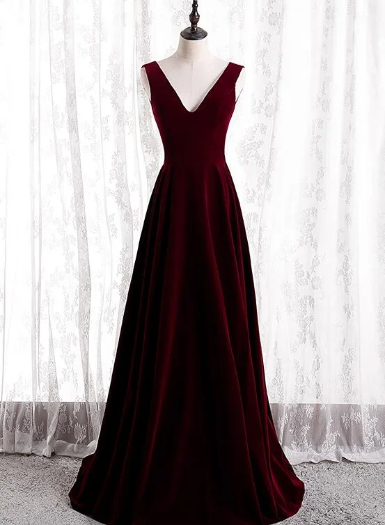 Wine Red V-neckline Velvet Long Bridesmaid Dress Party Dress, A-line Simple Formal Dress High-Low Hemline Casual