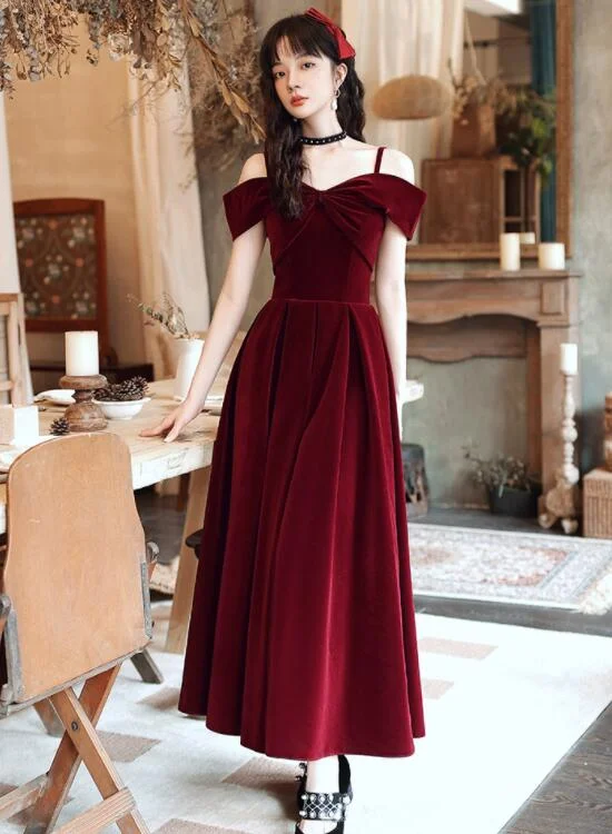 Wine Red Velvet Off Shoulder Long Evening Dress, Dark Red Party Dress Formal Dress Tunics Exclusive limited Wine Red Velvet Off Shoulder Long Evening Dress, Dark Red Party Dress Formal Dress Tunics Exclusive limited