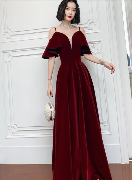 Wine Red Velvet Straps V-neckline Long Party Dress, A-line Burgundy Formal Dresses Tunics Luxurious high-end