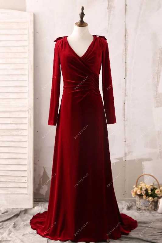 Wine Velvet Long Sleeve Elegant Evening Dress Cowl Neckline Elegant