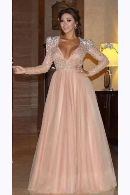 Wonderful Beautiful Graceful Elegant Long Sleeve Formal Dress with Beads A Line Sparkle V Neck Evening Dresses Tunics Velvet soft