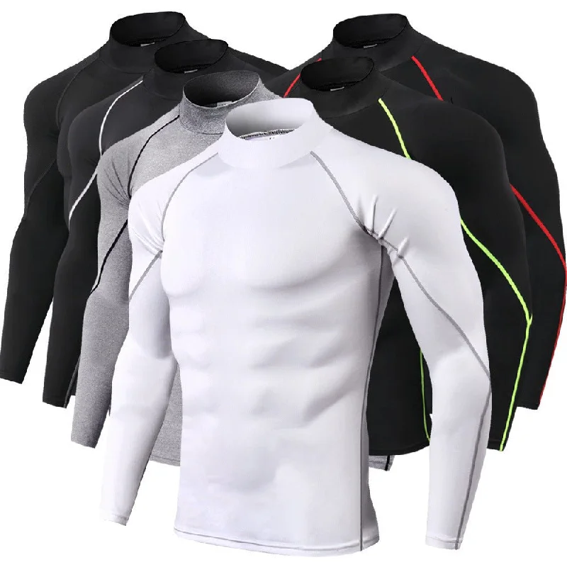 Men's High Collar Fitness Long Sleeve Pro Sports Autumn and Winter Running Shirt Solid Print Embellished Men's High Collar Fitness Long Sleeve Pro Sports Autumn and Winter Running Shirt Solid Print Embellished