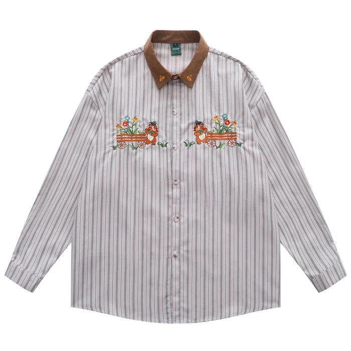 Bear Embroidery Striped Shirt Silk Blend Satin Velvet