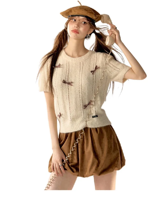 Bow Puff Sleeve Knit T-Shirt Solid Color Striped Floral