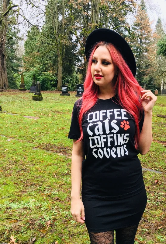 Coffee, Cats, Coffins, Covens T-Shirt Silk Blend Satin Velvet