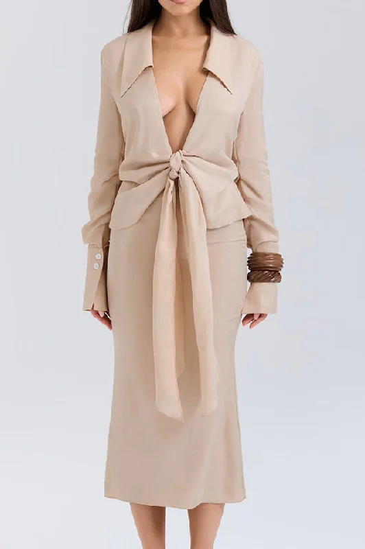 Draped Tie Front Shirt Set Lace Blend Ribbed Blend Corduroy Blend