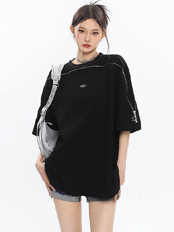 Finley Solid Color Design Sense Metal Zipper Loose Short Sleeve T-Shirt Top Hooded Caped Shawl Collar Finley Solid Color Design Sense Metal Zipper Loose Short Sleeve T-Shirt Top Hooded Caped Shawl Collar