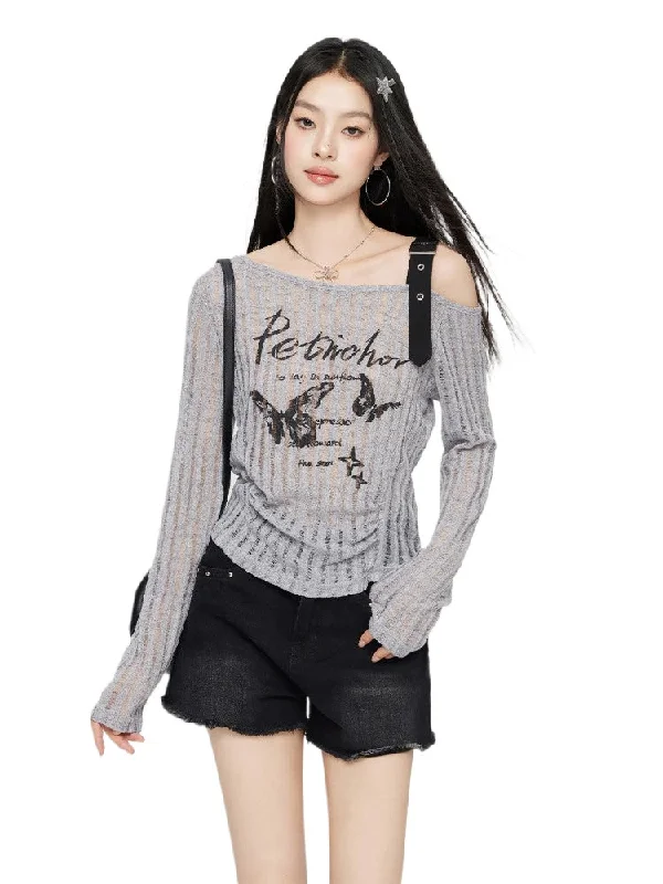 Gray & Beige Hollow Off-shoulder Long Sleeve T-shirt Polka Dot Checkered Tartan