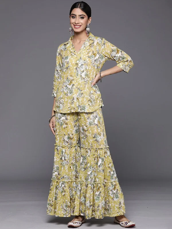 Green Printed Cotton Shirt With Palazzos Collared T-Shirt Boat Neck A-Line