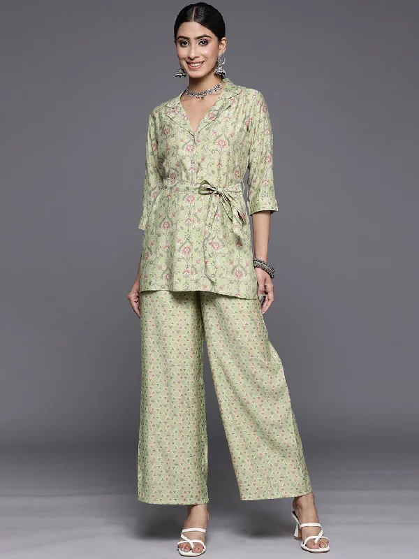 Green Printed Silk Blend Shirt With Palazzos Anti-Pilling Machine Wash Handmade