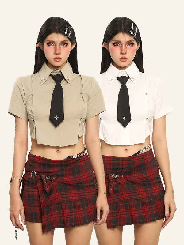 Kelsy Solid Color Stitching Design Cropped Office Shirt Top + Necktie Basic T-Shirt Crew Neck Short Sleeve Kelsy Solid Color Stitching Design Cropped Office Shirt Top + Necktie Basic T-Shirt Crew Neck Short Sleeve