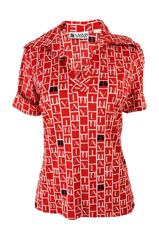 Lanvin Vintage Red All Over Logo Print Womens Shirt, 1970s Cozy Warm Stylish