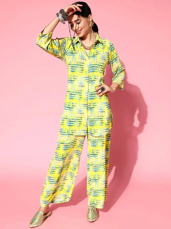 Lime Green Printed Georgette Shirt With Palazzos Plaid T-Shirt Polka Dot Checkered