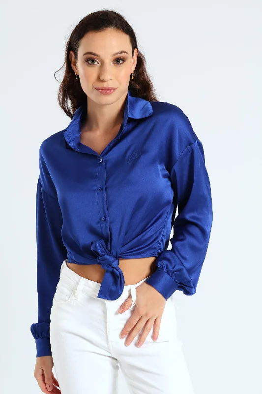 Long Sleeve Bowed Jun Shirt - Blue Zippered Front Buttoned Front Snap Front