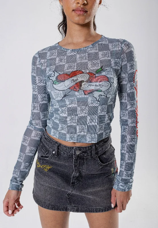Womens Love-Ed Mesh Long Sleeve T-Shirt - Black Elasticated Padded Insulated