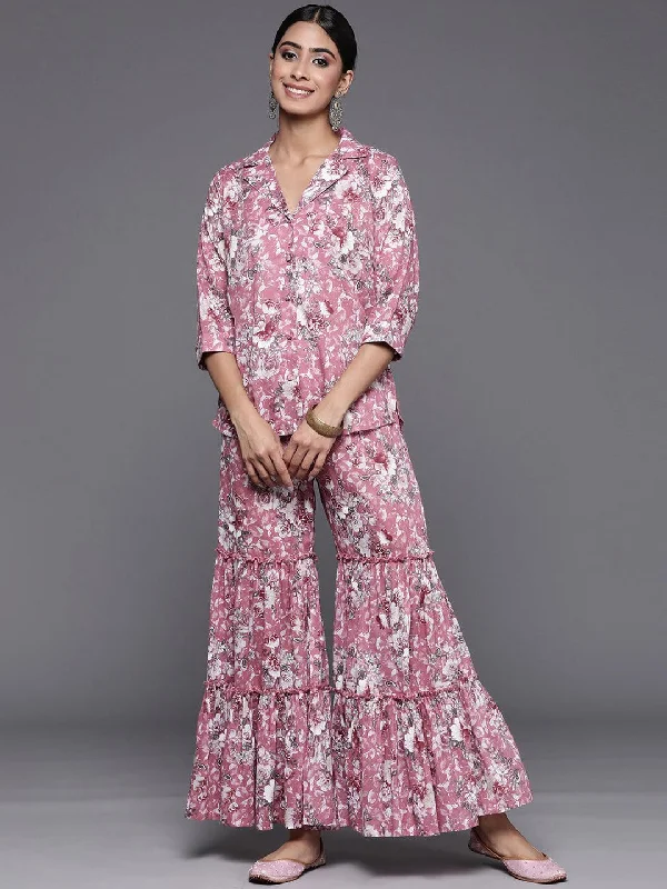 Mauve Printed Cotton Shirt With Palazzos Hooded Caped Shawl Collar