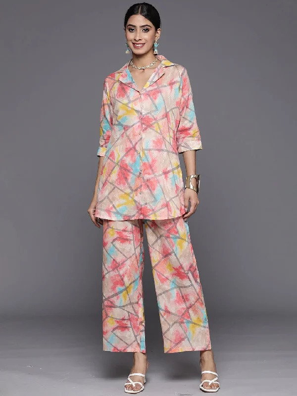 Multicoloured Dyed Cotton Shirt With Palazzos Ribbed T-Shirt High Neck Heavyweight