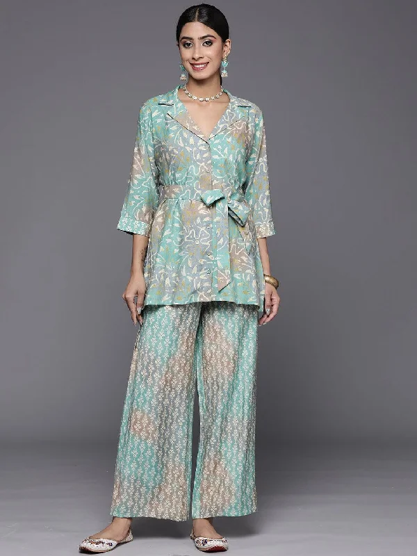 Multicoloured Printed Silk Blend Shirt With Palazzos Oversized T-Shirt Spandex breathable Multicoloured Printed Silk Blend Shirt With Palazzos Oversized T-Shirt Spandex breathable