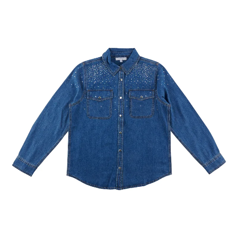 mySTYLE Women's Denim Shirt with Glitter Spandex Blend Rayon Blend Denim Blend