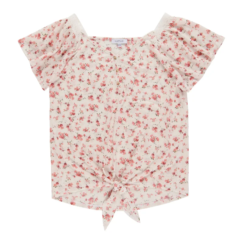 mySTYLE Women's Festival Tie-Front Short Sleeve Flutter Shirt Satin Blend Silk Blend Wool Blend mySTYLE Women's Festival Tie-Front Short Sleeve Flutter Shirt Satin Blend Silk Blend Wool Blend