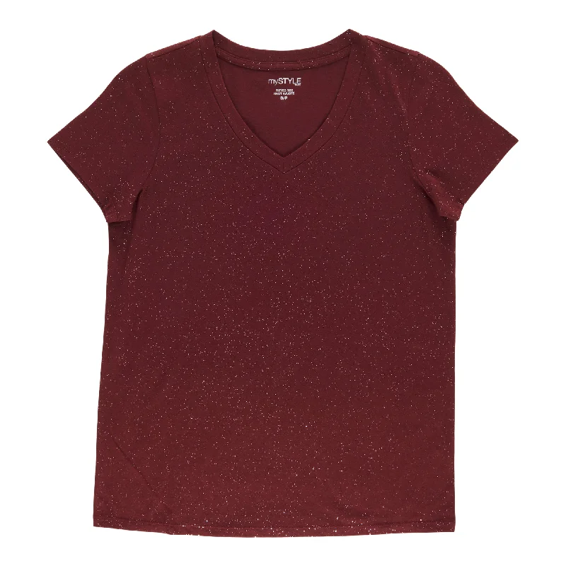 mySTYLE Women's Foil V-Neck Tee Cashmere Blend Cotton Blend Poly Blend