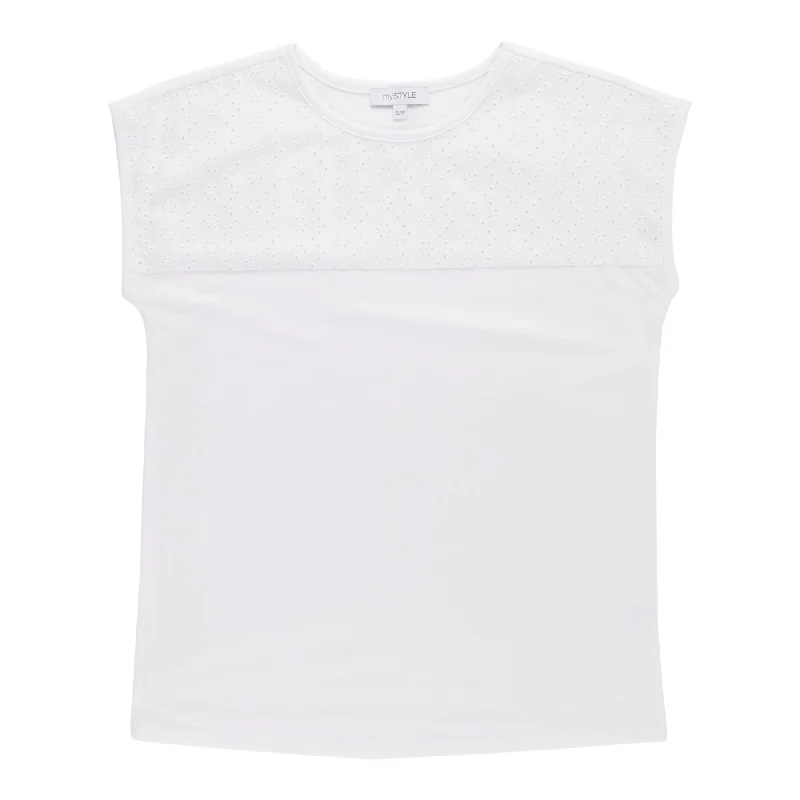 mySTYLE Women's Mykonos Eyelet Yoke Tee Lace Blend Ribbed Blend Corduroy Blend