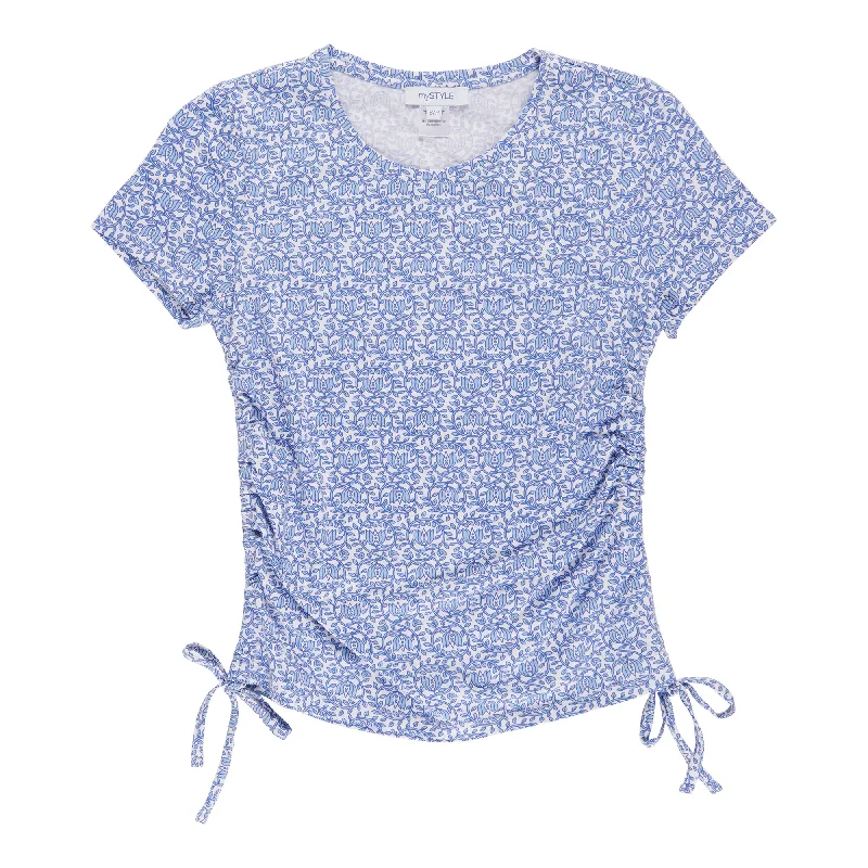 mySTYLE Women's Mykonos Printed Side Ruched Tee Print Jacquard Patchwork