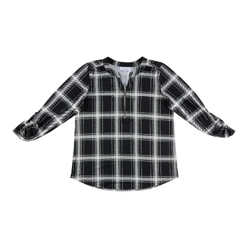 mySTYLE Women's Plaid Shirt with Zip Detail Denim Fabric Leather Fabric Suede Fabric mySTYLE Women's Plaid Shirt with Zip Detail Denim Fabric Leather Fabric Suede Fabric