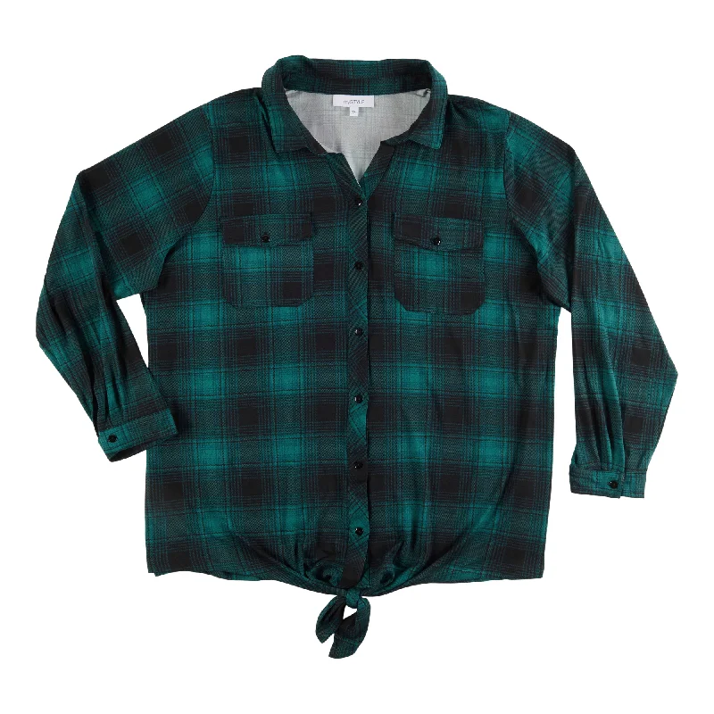 mySTYLE Women's Plus Front Tie Plaid Shirt Satin Fabric Silk Fabric Chiffon Fabric