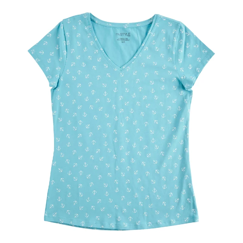 mySTYLE Women's Printed V-Neck Stretch T-Shirt Collared Crew Neck Turtle Neck