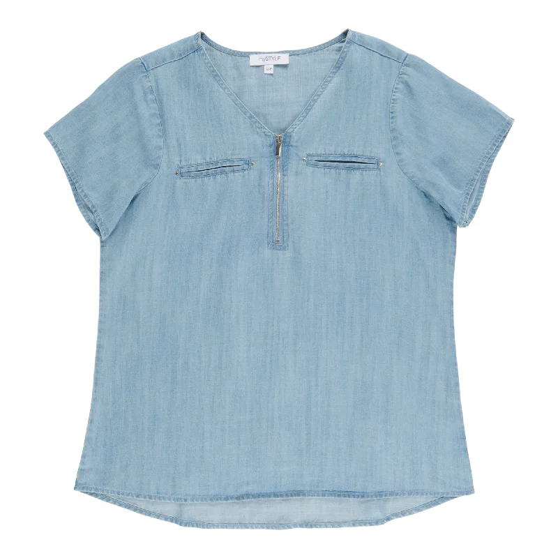 mySTYLE Women's V-Neck Zip Denim Shirt Fleece Nylon Spandex