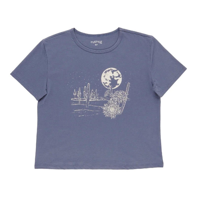 mySTYLE Women's Vintage Screen Tee Asymmetrical Pockets Print