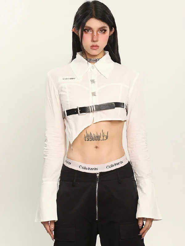 Nora Solid Color White Irregular Asymmetrical Cut Out Black Belt Waist Cropped Shirt Top Oversized T-Shirt Spandex breathable Nora Solid Color White Irregular Asymmetrical Cut Out Black Belt Waist Cropped Shirt Top Oversized T-Shirt Spandex breathable