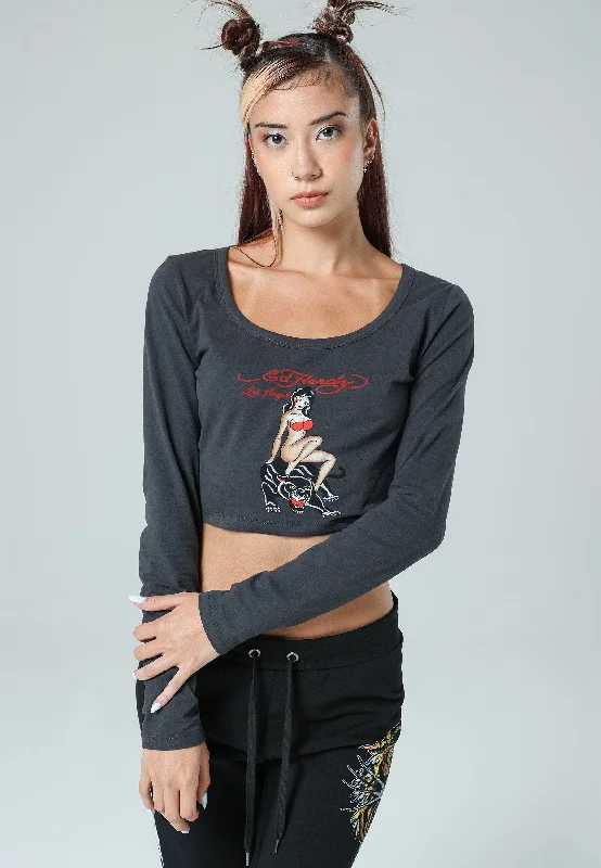 Panther Siren Long Sleeve T-Shirt - Black Notch Collar Peter Pan Collar Cowl Neck