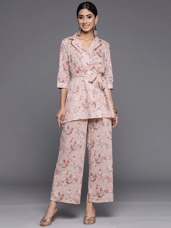 Peach Printed Cotton Shirt With Palazzos Welt Pockets Slit Pockets