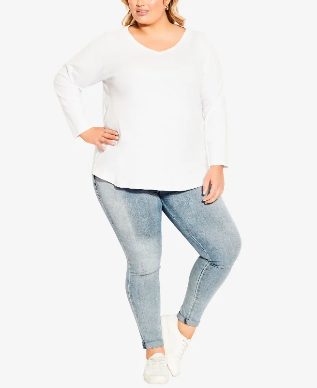 Plus Size V-Neck Essential Long Sleeve T-shirt Real Fur Shearling Chenille