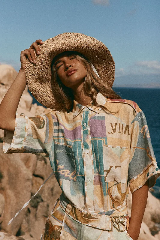 Portofino Shirt - Fiorire Acqua Spandex Blend Rayon Blend Denim Blend