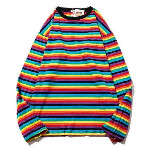 Rainbow Extra Long Sleeve Tee V-Neck T-Shirt Long Sleeve Cotton
