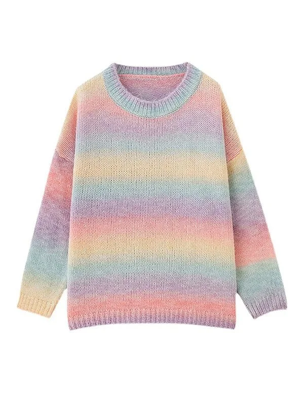 Rainbow Kawaii Casual O-Neck Knitted Shirt for Women Cashmere Blend Cotton Blend Poly Blend Rainbow Kawaii Casual O-Neck Knitted Shirt for Women Cashmere Blend Cotton Blend Poly Blend