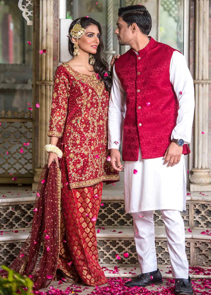 Embellished Designer Red Bridal Sharara Shirt #BN1265 Chenille Fabric Brocade Fabric Lace Fabric Embellished Designer Red Bridal Sharara Shirt #BN1265 Chenille Fabric Brocade Fabric Lace Fabric