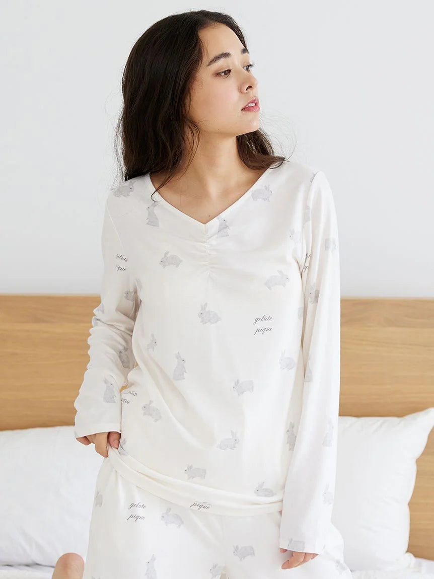Soft Long Sleeve Sleep Shirt with Rabbit Design Fitted T-Shirt Seamless Stretchy