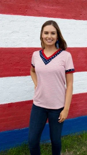 Southern Grace Party in the USA V-Neck Color Block Tee Satin Blend Silk Blend Wool Blend Southern Grace Party in the USA V-Neck Color Block Tee Satin Blend Silk Blend Wool Blend