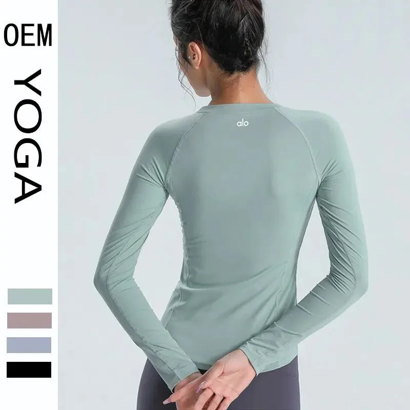 ALO yoga top cross-border slim slim skin-skin breathable elastic long-sleeved T-shirt sports running training fitness clothes Chenille Brocade Lace