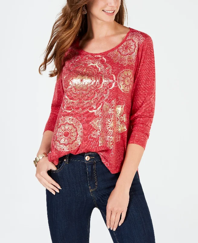 Style & Co Foil Print Long Sleeve T-Shirt Satin Fabric Silk Fabric Chiffon Fabric