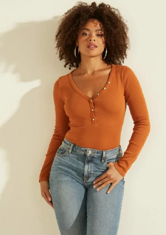 Guess LS V Neck Logo Henley Tee Elasticated Padded Insulated